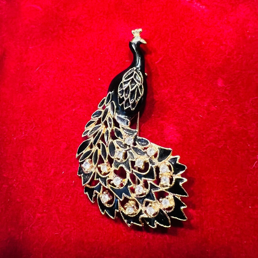 Vintage gold tone black enamel Peacock Brooch